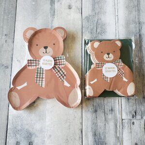 NWT - Meri Meri Bear With Plaid Bow Paper - 16 Plates and 32 Napkins